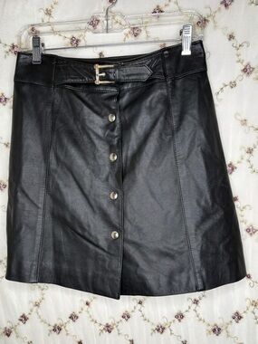 Classic Black Leather Button-Front Skirt